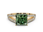 Solitaire Engagement Ring Setting for Fancy Green Princess Cut Center with Pave Split Shank and Prong Head in Yellow Gold