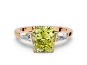 3 Stone Engagement Ring Setting for Fancy Yellow Radiant Cut Center with Baguette Accents and Prong Head in Rose Gold
