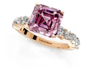 Shared-Prong Engagement Ring Setting for Fancy Pink Asscher Cut Center with Graduated Accents and Prong Head in Rose Gold