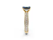 Solitaire Engagement Ring Setting for Fancy Blue Emerald Cut Center with Domed Multi-Row Pave Band and Prong Head in Yellow Gold