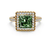 Milgrain Floral Halo Engagement Ring Setting for Fancy Green Princess Cut Center with Pave Band and Prong Head in Yellow Gold