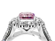 Large Accent Halo Engagement Ring Setting for Fancy Pink Radiant Cut Center with Pave Split Shank and Prong Head in Platinum