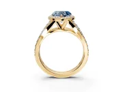 Halo Engagement Ring Setting for Fancy Blue Heart-Shaped Center with Narrow Pave Split Shank and Prong Head in Yellow Gold