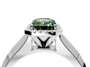 Halo Engagement Ring Setting for Fancy Green Emerald Cut Center with Knife Ridge Cathedral Band and Prong Head in Platinum