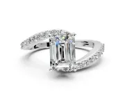 Solitaire Engagement Ring Setting for Emerald Cut Center with Pave Bypass Swirl Band and Prong Head in White Gold