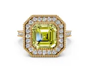 Halo Engagement Ring Setting for Fancy Yellow Asscher Cut Center with Milgrain Frame, Pave Band and Prong Head in Yellow Gold