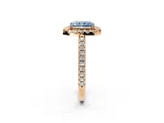 Pave Halo Engagement Ring Setting for Fancy Blue Radiant Cut Center with Single Row Pave Band and Prong Head in Rose Gold