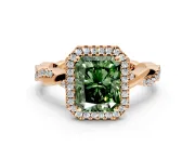 Halo Engagement Ring Setting for Fancy Green Radiant Cut Center with Pave and Plain Twist Band and Prong Head in Rose Gold