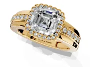 Halo Engagement Ring Setting for Asscher Cut Center with Wide Band, Inlaid Accent Row and Prong Head in Yellow Gold