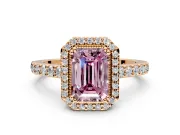 Halo Engagement Ring Setting for Fancy Pink Emerald Cut Center with Inner Milgrain Border and Prong Head in Rose Gold