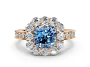 Halo Engagement Ring Setting for Fancy Blue Cushion Cut Center with Milgrain Channel Band and Prong Head in Rose Gold