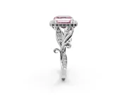Halo Engagement Ring Setting for Fancy Pink Asscher Cut Center with Leaf Motif Split Shank and Prong Head in Platinum
