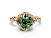 Halo Engagement Ring Setting for Fancy Green Round Cut Center with Openwork Halo, Pave Band and Prong Head in Rose Gold