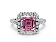 Halo Engagement Ring Setting for Fancy Pink Asscher Cut Center with Raised Halo, Pave Band and Prong Head in Platinum