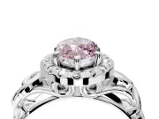 Halo Engagement Ring Setting for Fancy Pink Marquise Center with Open Scroll Shoulders and Prong Head in Platinum
