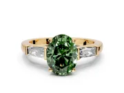 3 Stone Engagement Ring Setting for Fancy Green Oval Center with Tapered Baguettes, Plain Band and Prong Head in Yellow Gold
