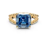 Halo Engagement Ring Setting for Fancy Blue Asscher Cut Center with Rope Twist Split Shank and Prong Head in Yellow Gold