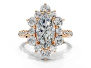 Floral Halo Engagement Ring Setting for Marquise Center with Pave Accents and Prong Head in Rose Gold