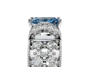 Pave Engagement Ring Setting for Fancy Blue Emerald Cut Center with Curved Accent Rows, Openwork and Prong Head in Platinum