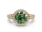 Bezel-Framed Halo Engagement Ring Setting for Fancy Green Round Cut Center with Pave Band and Prong Head in Yellow Gold