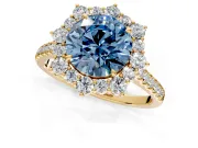 Halo Engagement Ring Setting for Fancy Blue Round Cut Center with Single-Row Pave, Open Basket and Prong Head in Yellow Gold