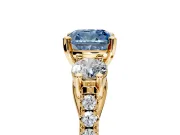3 Stone Engagement Ring Setting for Fancy Blue Cushion Cut Center with Crossover Basket, Pave Band and Prong Head in Yellow Gold