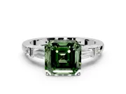 Bar-Set Engagement Ring Setting for Fancy Green Asscher Cut Center with Tapered Baguette Accents and Prong Head in White Gold
