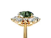 Small-Accent Cluster Halo Engagement Ring Setting for Fancy Green Round Cut Center with Plain Band and Prong Head in Yellow Gold