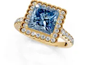 Milgrain Floral Halo Engagement Ring Setting for Fancy Blue Princess Cut Center with Pave Band and Prong Head in Yellow Gold
