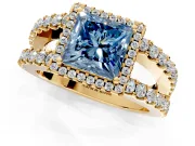 Halo Engagement Ring Setting for Fancy Blue Princess Cut Center with Wide-Open Pave Split Shank and Prong Head in Yellow Gold
