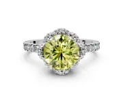 Halo Engagement Ring Setting for Fancy Yellow Round Cut Center with Openwork Halo, Pave Band and Prong Head in White Gold