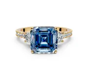 3 Stone Engagement Ring Setting for Fancy Blue Asscher Cut Center with Round Cut Side Accents and Prong Head in Yellow Gold