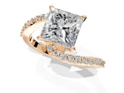 Solitaire Engagement Ring Setting for Princess Cut Center with Pave Bypass Swirl Band and Prong Head in Rose Gold