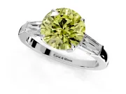 3 Stone Engagement Ring Setting for Fancy Yellow Round Cut Center with Baguette Accents and Prong Head in White Gold