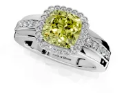 Halo Engagement Ring Setting for Fancy Yellow Cushion Cut Center with Wide Band, Inlaid Accent Row and Prong Head in Sterling Silver