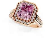 Halo Engagement Ring Setting for Fancy Pink Emerald Cut Center with Outer Bezel Rim, Pave Band and Prong Head in Rose Gold