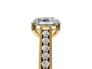 Solitaire Engagement Ring Setting for Asscher Cut Center with Engraved Pave Band and Prong Head in Yellow Gold