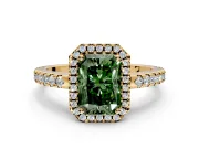 Accent Halo Engagement Ring Setting for Fancy Green Radiant Cut Center with Full-Length Pave Band and Prong Head in Yellow Gold