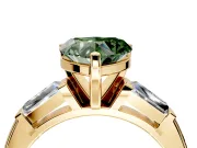 3 Stone Engagement Ring Setting for Fancy Green Heart-Shaped Center with Tapered Baguettes, Plain Band and Prong Head in Yellow Gold