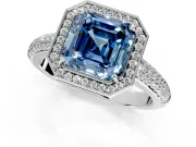 Milgrain Halo Engagement Ring Setting for Fancy Blue Asscher Cut Center with Three-Sided Pave Band and Prong Head in Platinum