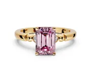 Solitaire Engagement Ring Setting for Fancy Pink Emerald Cut Center with Beaded Shoulders and Prong Head in Yellow Gold