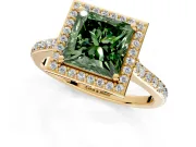Halo Engagement Ring Setting for Fancy Green Princess Cut Center with Pave Accents, Heart Basket and Prong Head in Yellow Gold