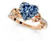 Leaf Motif Engagement Ring Setting for Fancy Blue Heart-Shaped Center with Pave Band and Prong Head in Rose Gold
