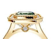 Halo Engagement Ring Setting for Fancy Green Asscher Cut Center with Milgrain Frame, Pave Band and Prong Head in Yellow Gold