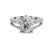 Solitaire Engagement Ring Setting for Oval Center with Widening Pave Band and Claw Prong Head in White Gold