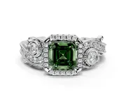 Milgrain Halo Engagement Ring Setting for Fancy Green Asscher Cut Center with Shoulder Bezels and Prong Head in White Gold