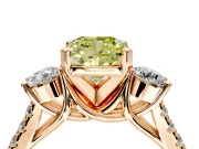 3 Stone Engagement Ring Setting for Fancy Yellow Cushion Cut Center with Crossover Basket, Pave Band and Prong Head in Rose Gold