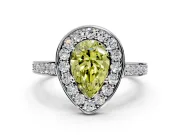 Bezel-Framed Halo Engagement Ring Setting for Fancy Yellow Pear-Shaped Center with Pave Band and Prong Head in Platinum