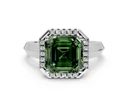 Halo Engagement Ring Setting for Fancy Green Asscher Cut Center with Knife Ridge Cathedral Band and Prong Head in White Gold