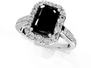 Floral Halo Engagement Ring Setting for Fancy Black Emerald Cut Center with Large Halo Accents and Prong Head in Platinum